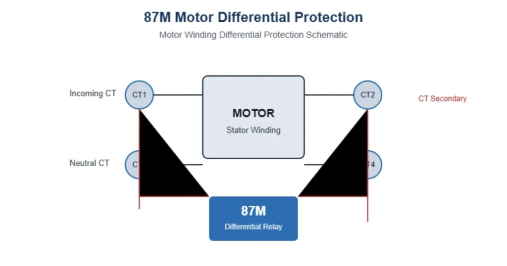 87M differential scheme with matched CTs on a 10 kV motor (illustrative)