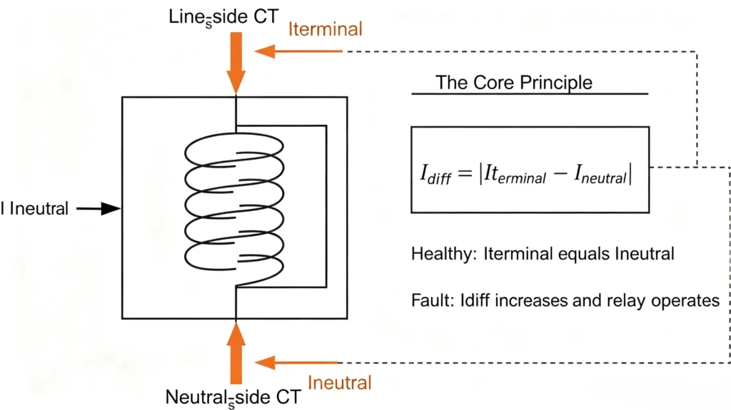 87G operating principle: balanced current under load versus differential current on an internal stator fault