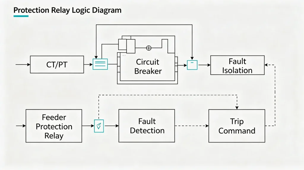 Signal path of a multifunction feeder protection relay from CT input to trip output (illustrative)