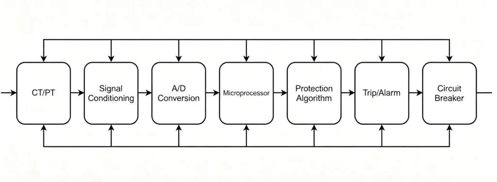 Microprocessor based relay signal chain from CT input through filtering and A/D conversion to the trip output (illustrative)