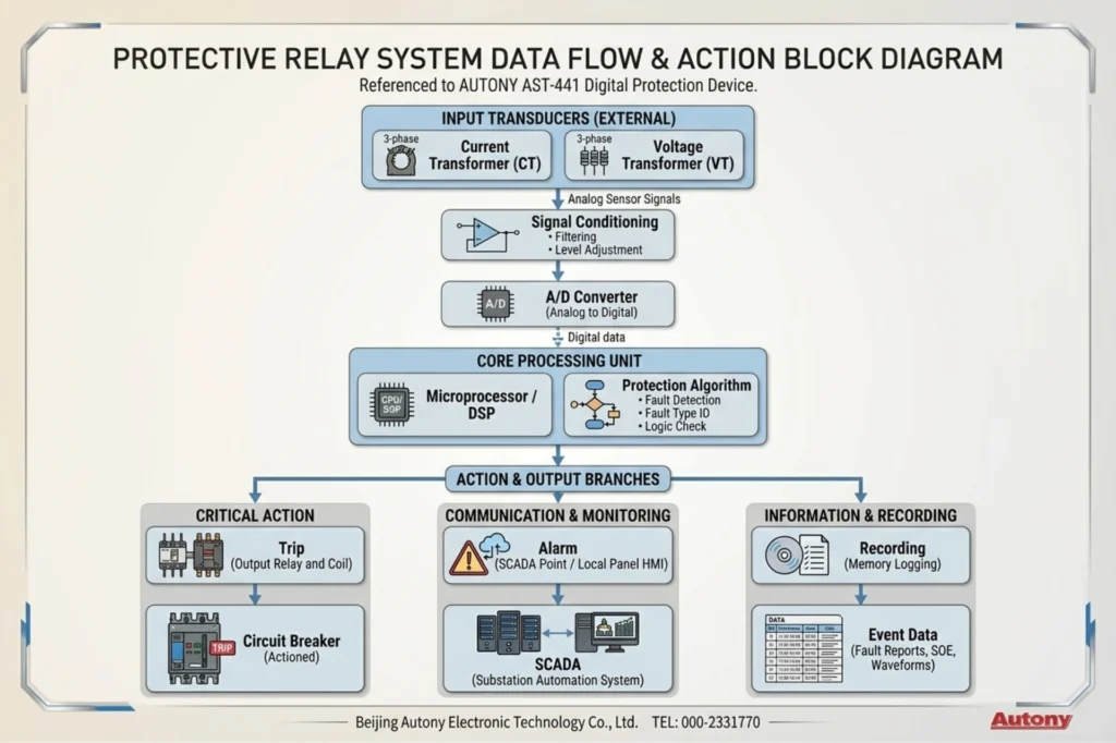 Microprocessor based relay block diagram showing acquisition, conversion, processing and output stages (illustrative)