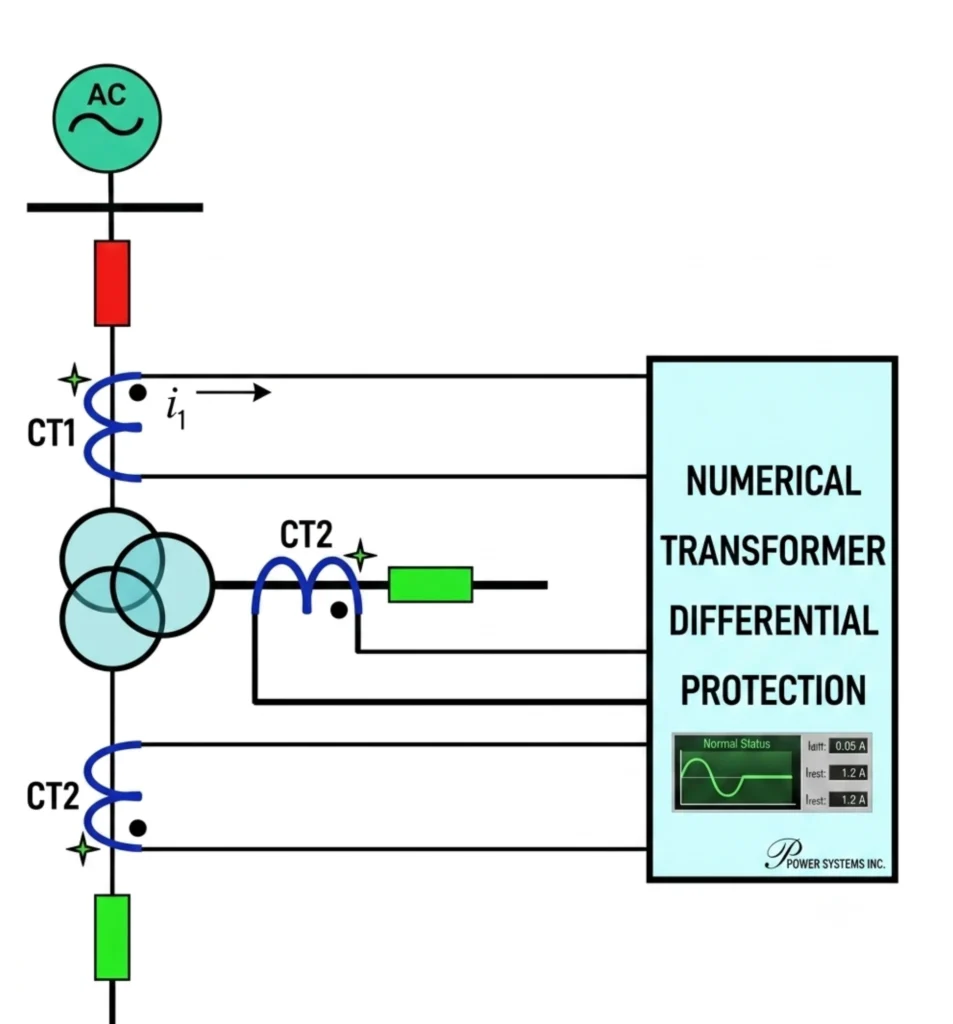 Percentage differential restraint characteristic for a two-winding transformer (illustrative)