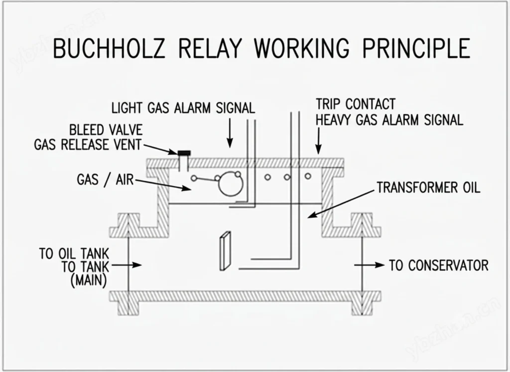 Gas-actuated relay on an oil-immersed transformer conservator (illustrative)