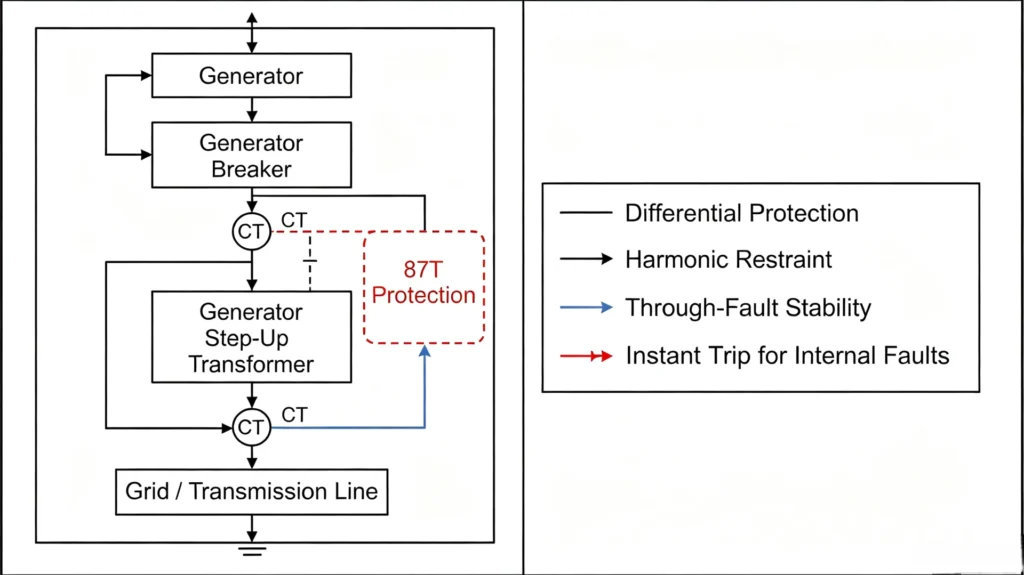 Single-line diagram of GSU transformer protection coordination in a power station