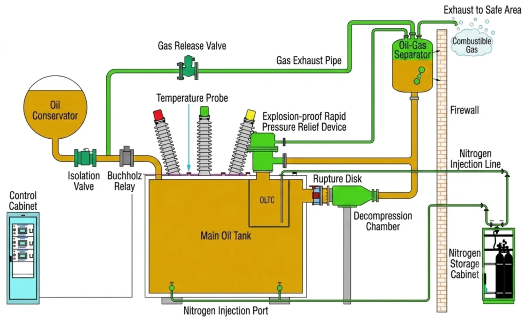 Oil-immersed power transformer installation (illustrative)