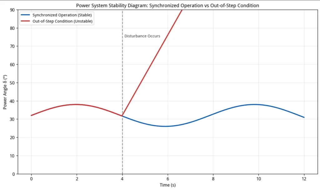 Power system stability diagram showing synchronized operation and out-of-step condition