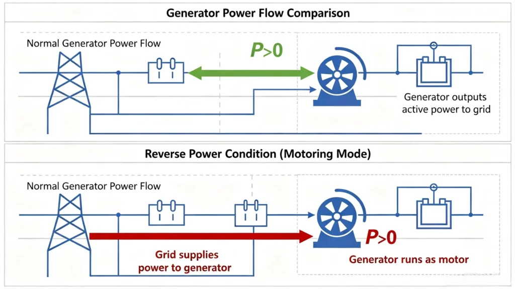 Normal generator power flow vs reverse power condition diagram