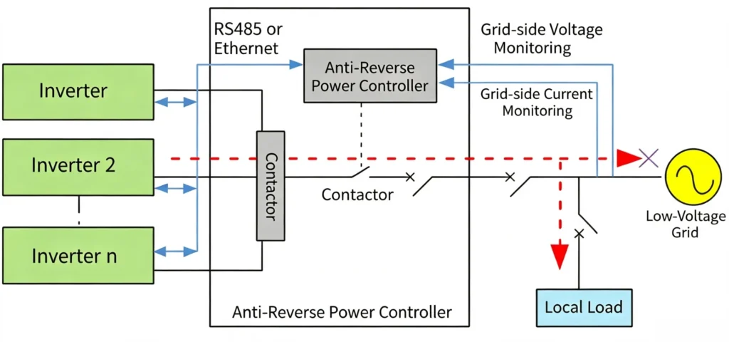 Realize anti-reverse power flow by adjusting the output power of the inverter.