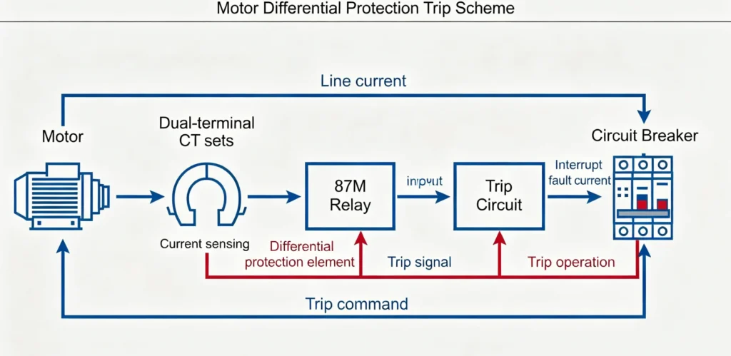 Typical 87M protection arrangement: dual CT sets, relay and trip circuit (illustrative only)