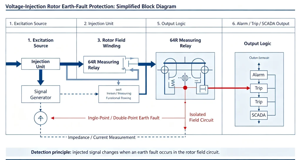 Voltage‑Injection Rotor Earth‑Fault Protection: Simplified Block Diagram