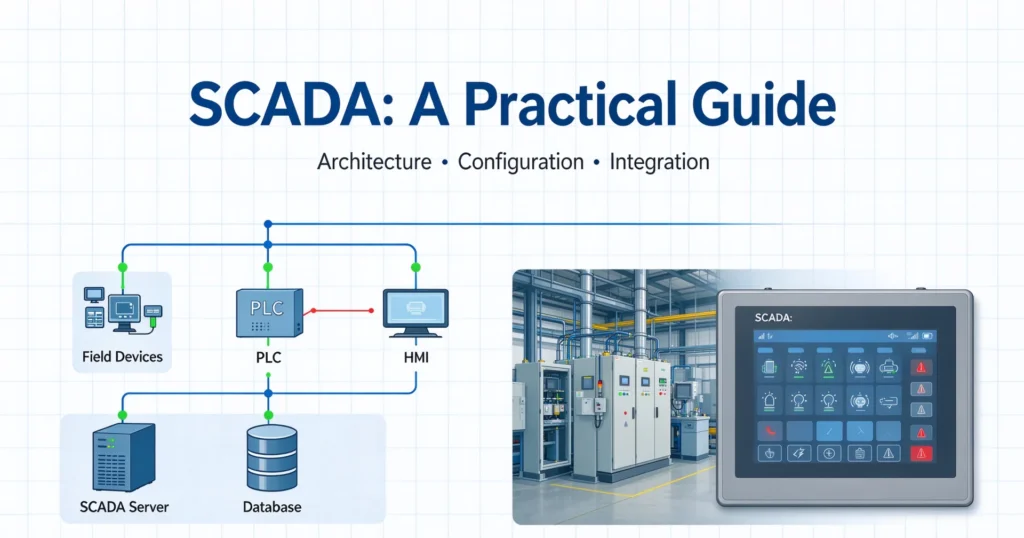 SCADA systems at a glance: master station, operator screens and remote terminal units linked across a wide-area telecontrol network