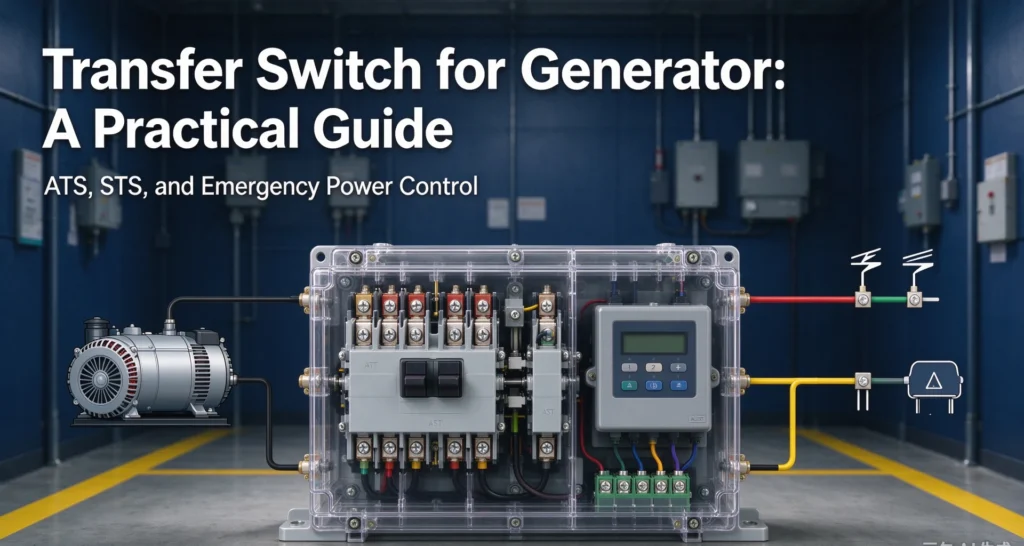 Standby generator set and transfer switch for generator service in a plant room, ready for an outage