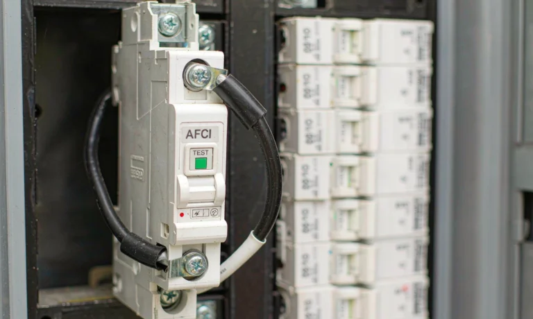 Arc fault breaker installed in a load centre panel, with the TEST button and neutral pigtail visible on the device face