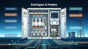 Circuit breaker bay inside a low-voltage switchgear cubicle, with the breaker truck, busbar and feeder compartment labelled