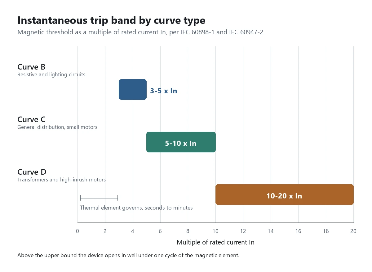 Bar chart of the instantaneous magnetic trip bands for curve B, curve C and curve D devices across multiples of rated current