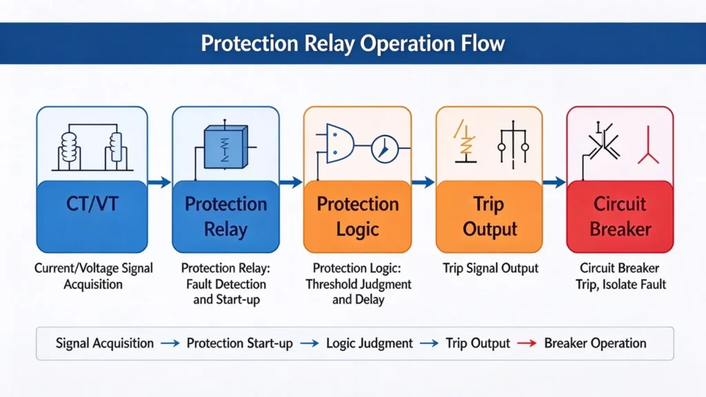 ANSI device numbers mapped along a protection chain from CT and VT inputs through the trip output to the breaker