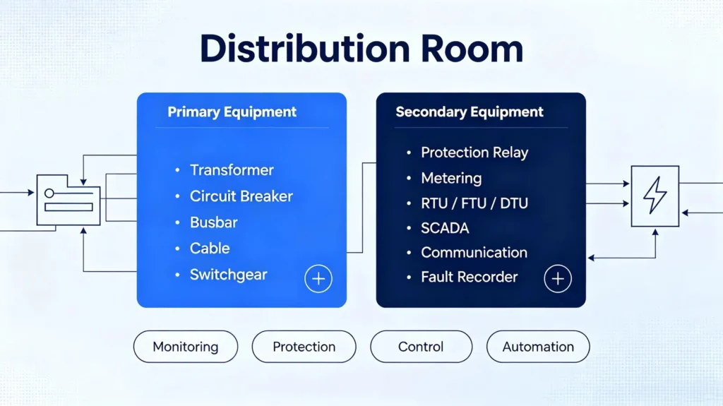 Primary and secondary equipment in a distribution room: the secondary layer measures, protects and reports upward.
