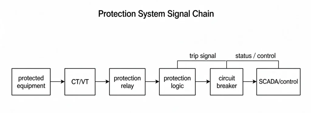 Where the telecontrol link sits in the protection signal chain: trip actions stay local, status and control flow upward.