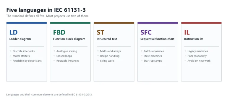 PLC programming languages card showing ladder diagram, function block diagram, instruction list, structured text and SFC