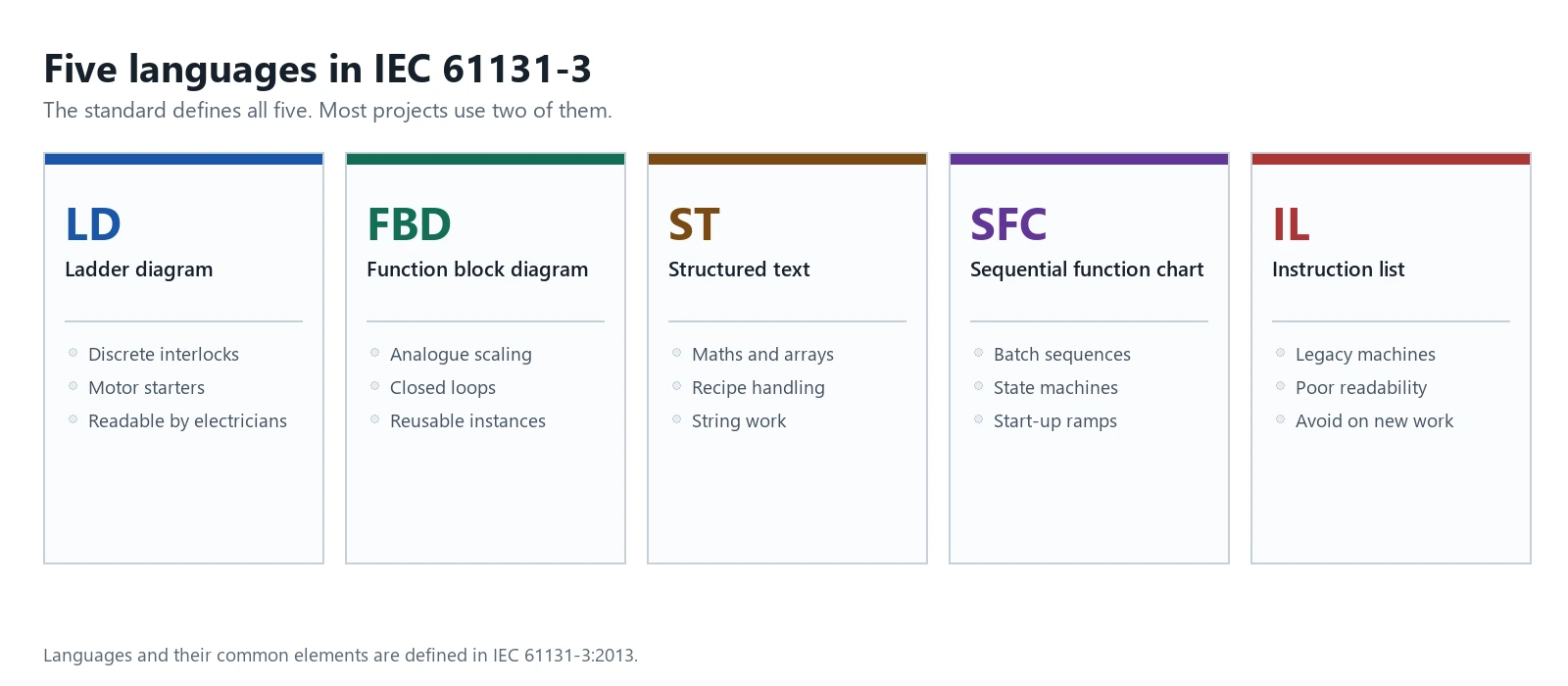 PLC programming languages card showing ladder diagram, function block diagram, instruction list, structured text and SFC